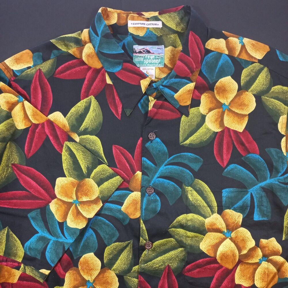 Vtg Reyn Spooner Egyptian Cotton Hawaiian Shirt Mens Large L Floral Tropical Bla